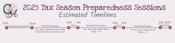 light purple background with a dark purple timeline for 2025 Tax Season Preparedness sessions. Estimated Timelines for the sessions are: 10:30 - 10:45 Intentions & Questions, 10:45 - 11:05 First Work session, which may be an extended discussion and/or training depending on attendees' needs. 11:05 - 11:10 Break. 11:10 to 11:30 is a Second Work Session which may include 2 - 3 breakout rooms. 11:30 - 11:35 Break. 11:35 - 11:55 Third Work Session. This may include 2 - 3 breakout rooms. 11:55 - 12:00 Reflections 